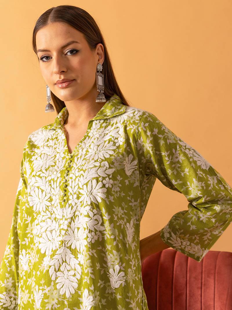 Hand Embroidered Floral Printed Green Cotton Lucknowi Chikankari Womens Co-Ord Set