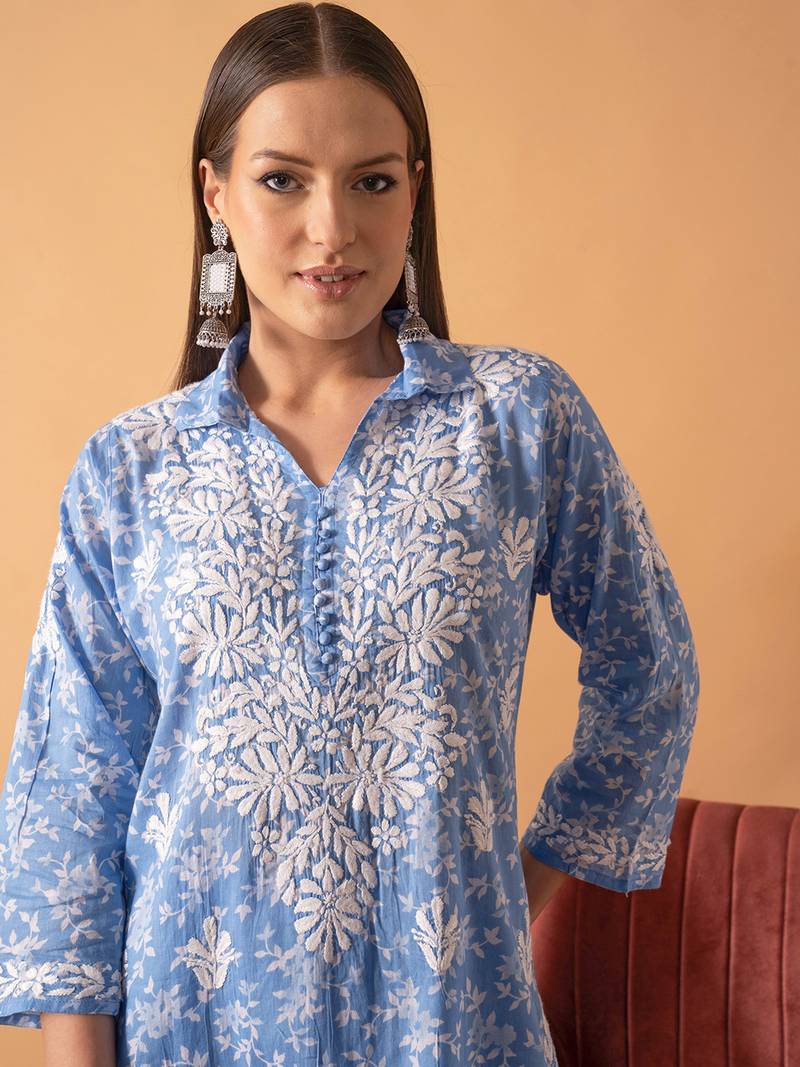 Hand Embroidered Floral Printed Blue Cotton Lucknowi Chikankari Womens Co-Ord Set