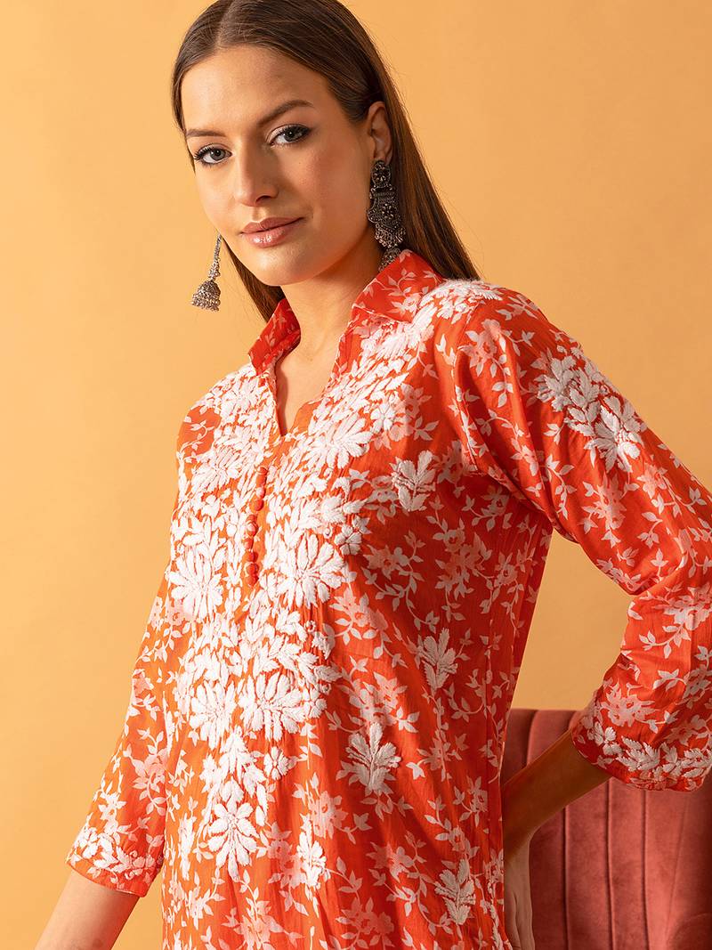 Hand Embroidered Floral Printed Orange Cotton Lucknowi Chikankari Womens Co-Ord Set