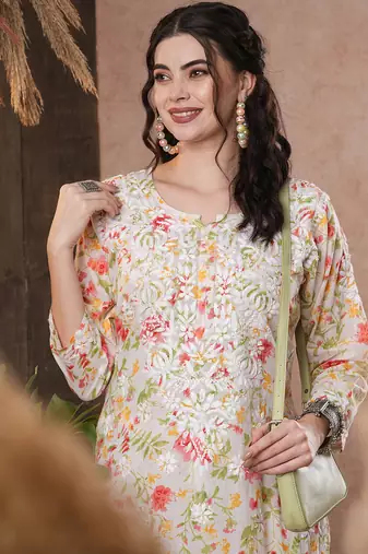 Hand Embroidered White Cotton Lucknowi Chikankari Indian Women Co-Ord Set