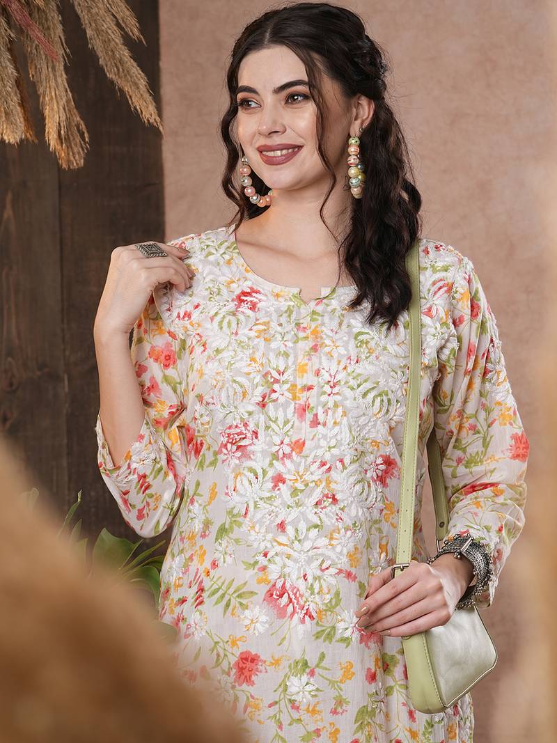 Hand Embroidered White Cotton Lucknowi Chikankari Indian Women Co-Ord Set