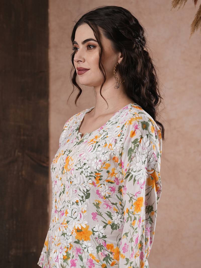 Hand Embroidered White Cotton Lucknowi Chikankari Indian Women Co-Ord Set