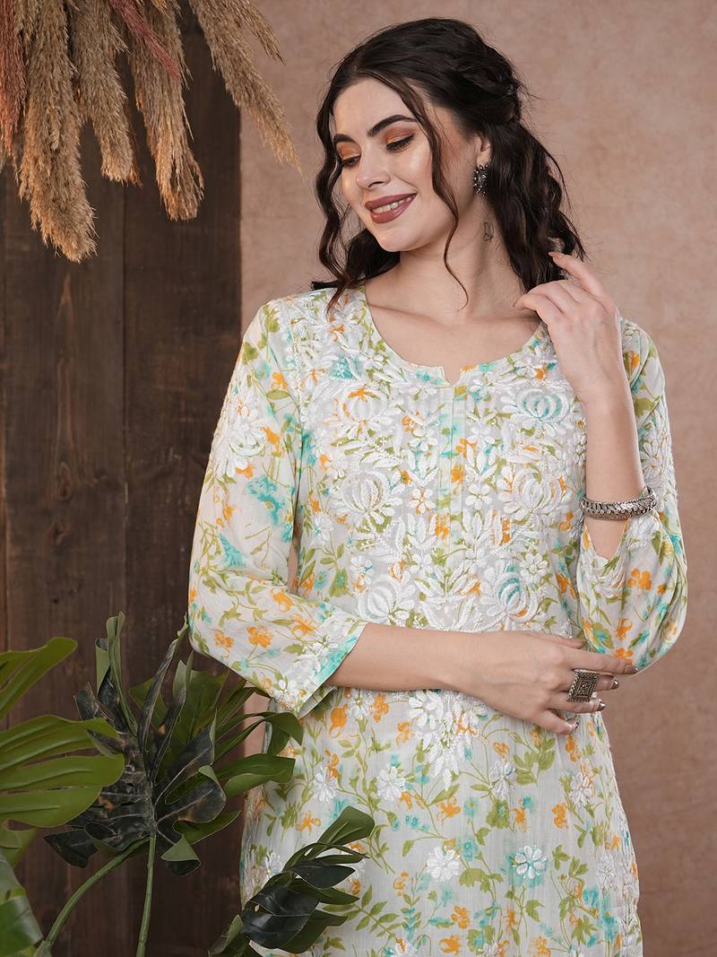 Hand Embroidered White Cotton Lucknowi Chikankari Indian Women Co-Ord Set