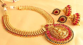 Divine Antique Royal Pink Blue Lakshmi Pendant Necklace Set Dj29370 1