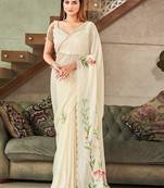 White Pihu stylish border flower printed saree with Blouse