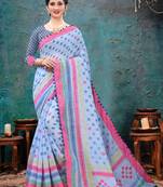 Sky Blue Soft Cotton Blend Printed Designer Border & Rich Pallu With Blouse