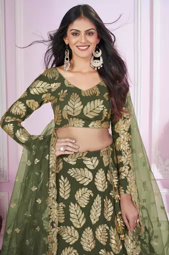 olive sequins georgette lehenga set choli with dupatta