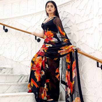 Black Rashmika Georegtte Floral All over Printed Lace Border Saree With Banglori Blouse 1