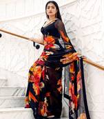 Black Rashmika Georegtte Floral All over Printed Lace Border Saree With Banglori Blouse
