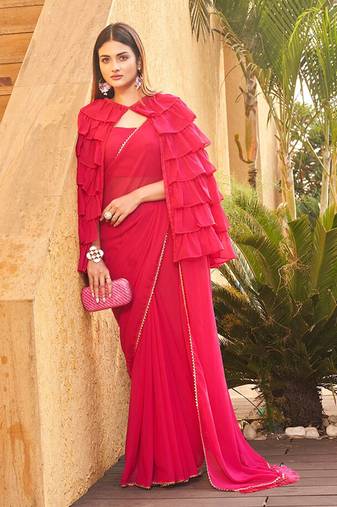 Red Gorgette Plain border saree with Party wear Ruffle Jacket Saree With Blouse
