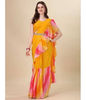 Yellow Classic Look Gorgette Zikzak border Ruffle Saree With Blouse 1