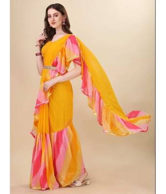 Yellow Classic Look Gorgette Zikzak border Ruffle Saree With Blouse 2