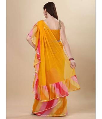 Yellow Classic Look Gorgette Zikzak border Ruffle Saree With Blouse 3