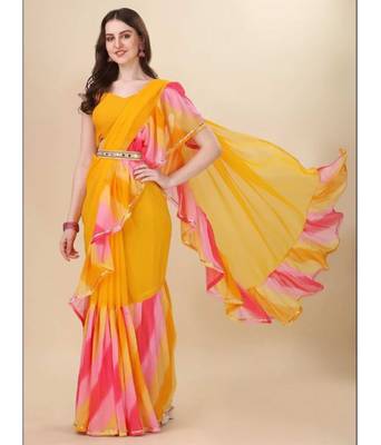 Yellow Classic Look Gorgette Zikzak border Ruffle Saree With Blouse 4