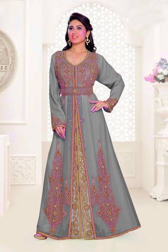 Grey & Inner White color luxurious Full Sleeves Handmade Moroccan Kaftan.