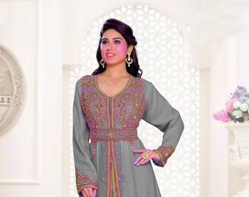 Grey & Inner White color Full Sleeves Handmade Moroccan Kaftan 2