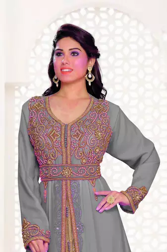 Grey & Inner White color Full Sleeves Handmade Moroccan Kaftan