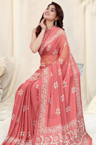 Peach Dali Chifforn Printed Pallu & Border Rich Butti Saree With Blouse
