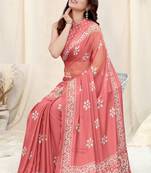 Peach Dali Chifforn Printed Pallu & Border Rich Butti Saree With Blouse