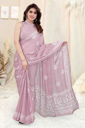 Lite Pink Dali Chifforn Printed Pallu & Border Rich Butti Saree With Blouse