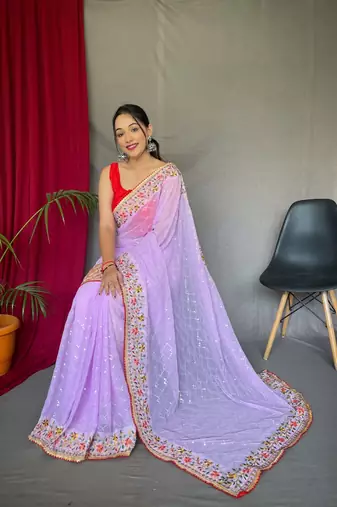 Light Purple Sequence Work And Designer Border Saree With Blouse 