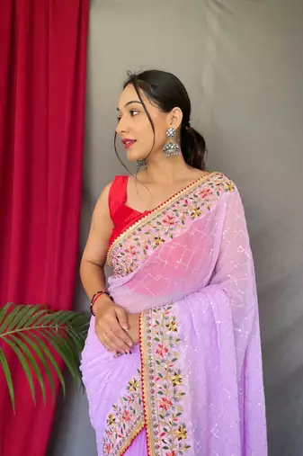 Light Purple Sequence Work And Designer Border Saree With Blouse 