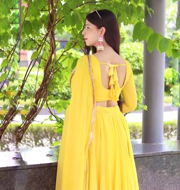Plain Yellow Colour Fox Georgette Circular Stitched Lehenga Choli  2