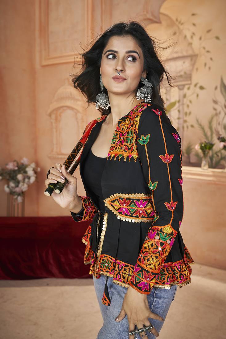 Bewitching Black Embroidered Roman Silk navratri wear designer stylish ladies top online