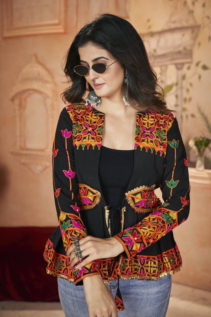 Bewitching Black Embroidered Roman Silk navratri wear designer stylish ladies top online