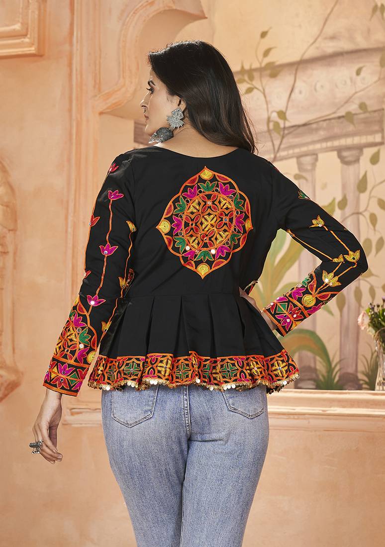 Bewitching Black Embroidered Roman Silk navratri wear designer stylish ladies top online