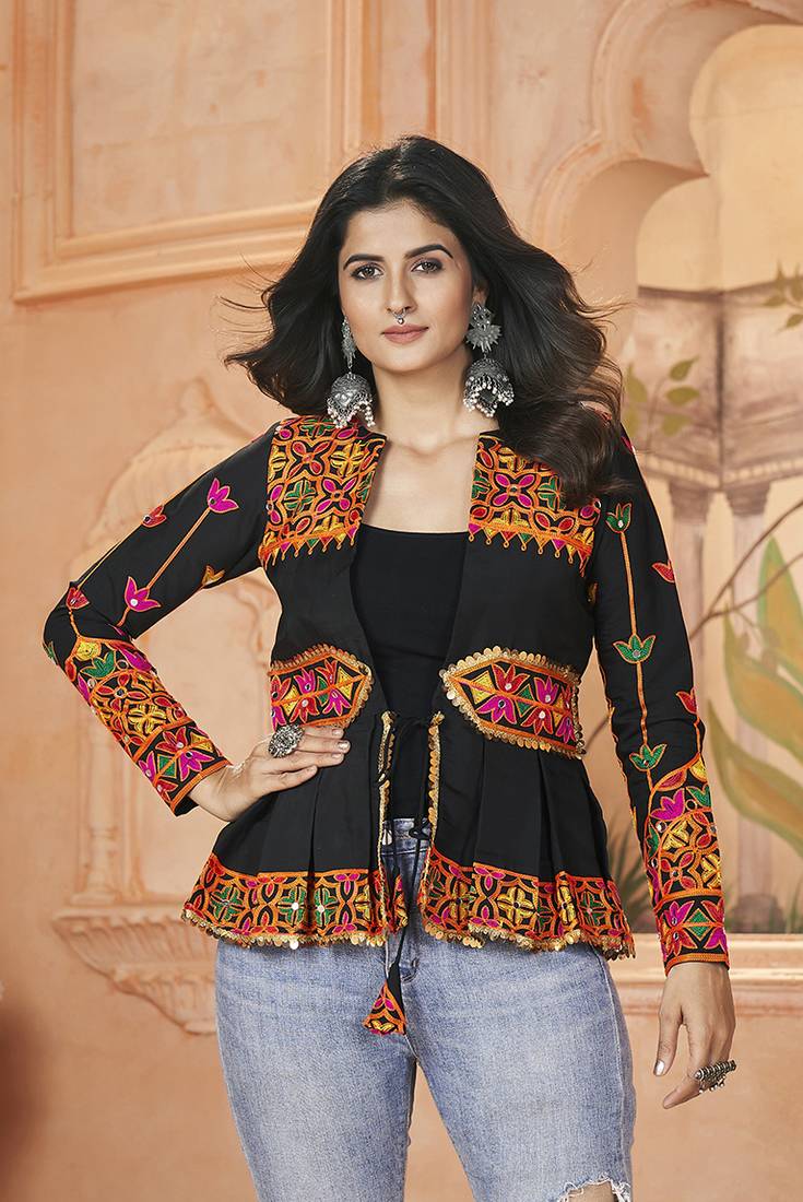 Bewitching Black Embroidered Roman Silk navratri wear designer stylish ladies top online