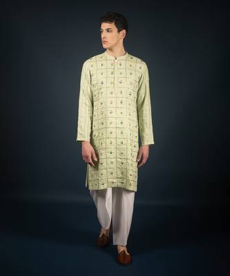 Lime green linen kurta 1