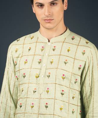 Lime green linen kurta 2