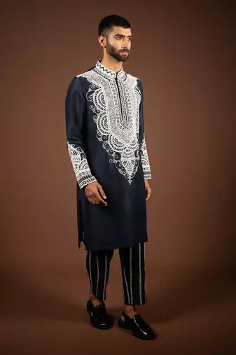 Navy blue silk kurta
