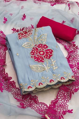 Women's light sea green unstitched sequence premium roman silk dress material 