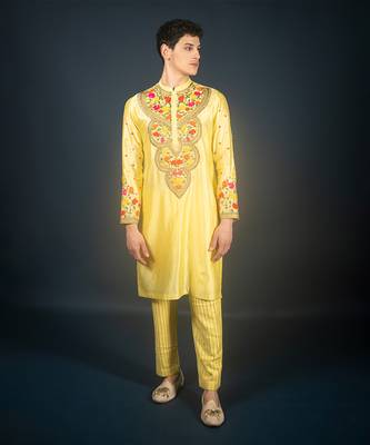 Lime yellow silk kurta 1