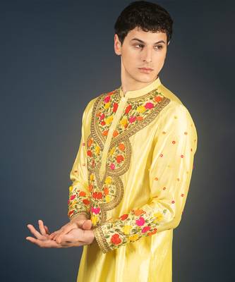 Lime yellow silk kurta 2