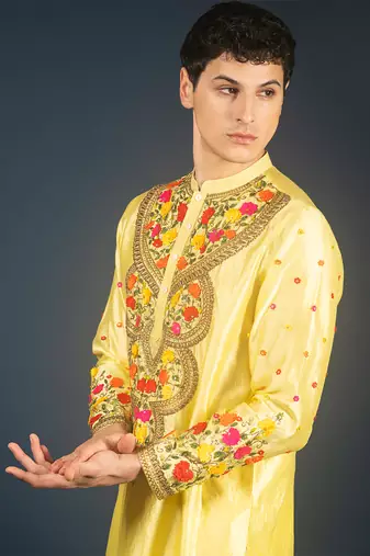 Lime yellow silk kurta