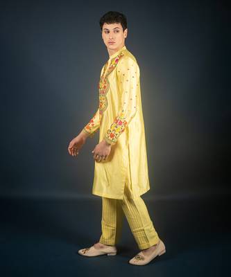 Lime yellow silk kurta 3