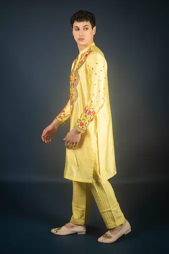 Lime yellow silk kurta