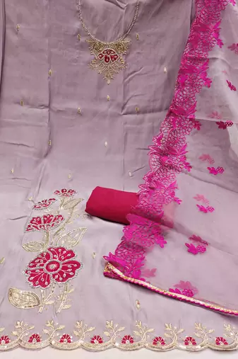 Women's light purple sequence embroidery premium roman silk dress material