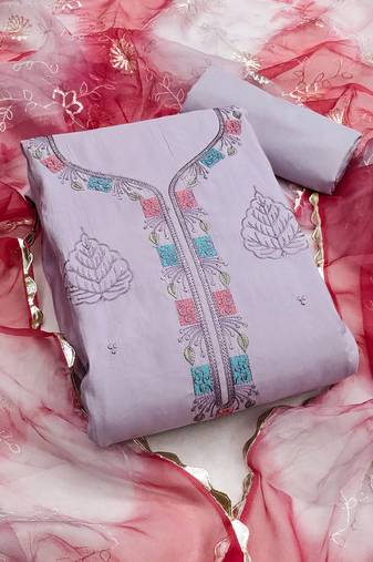 Women's light purple unstitched sequence work premium roman silk dress material 