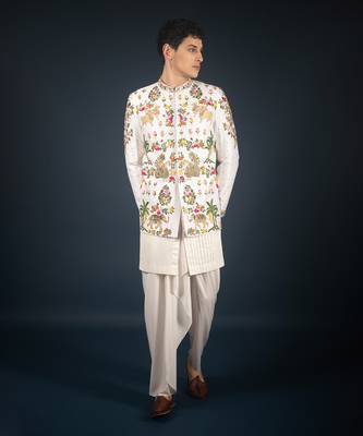 Off white raw silk bandhgala 2