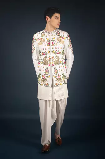 Off white raw silk bandhgala