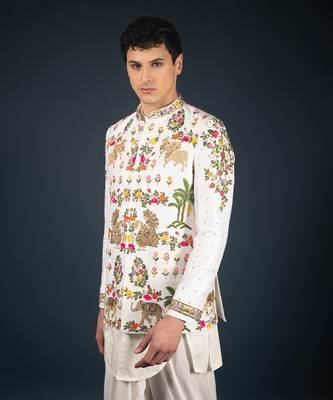 Off white raw silk bandhgala 3