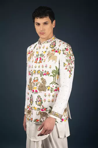 Off white raw silk bandhgala