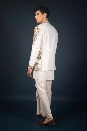Off white raw silk bandhgala