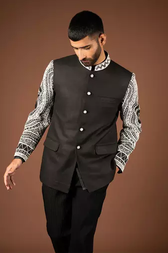 Black matka silk bandhgala