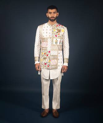 Off white raw silk bandhgala 1