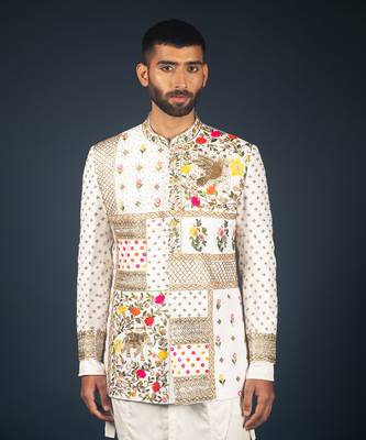 Off white raw silk bandhgala 2